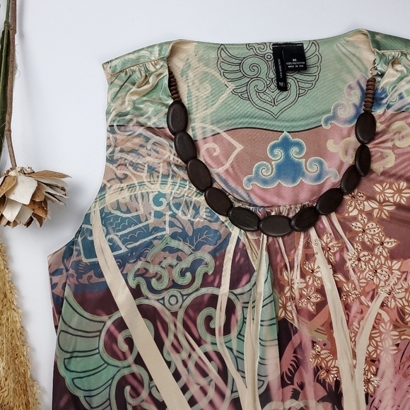 New Gold Multicolored Boho Beaded Blouse XL - Picture 3 of 16